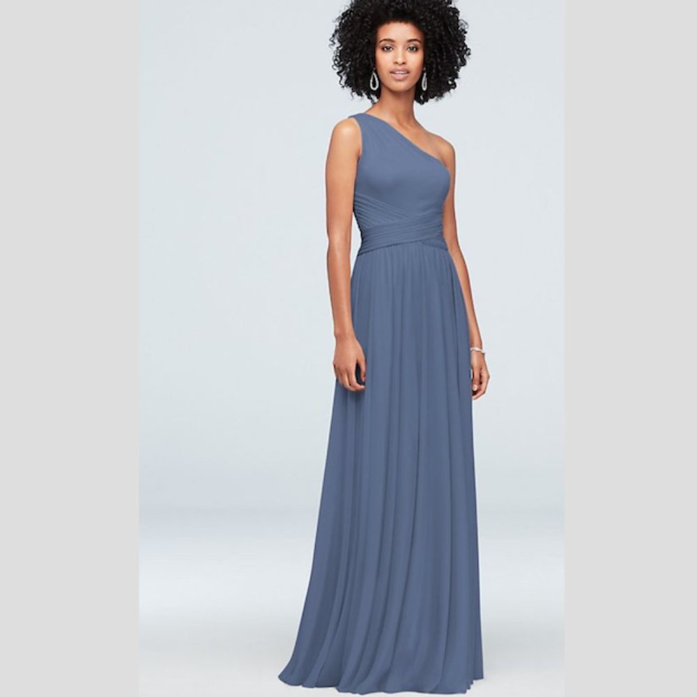 David's Bridal Steel Blue One-Shoulder Mesh Dress